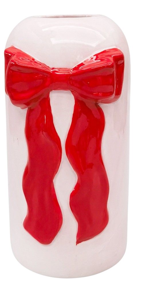 Urban Products 22cm Tall Bow Vase. White rectangular object with a red bow design on a white background