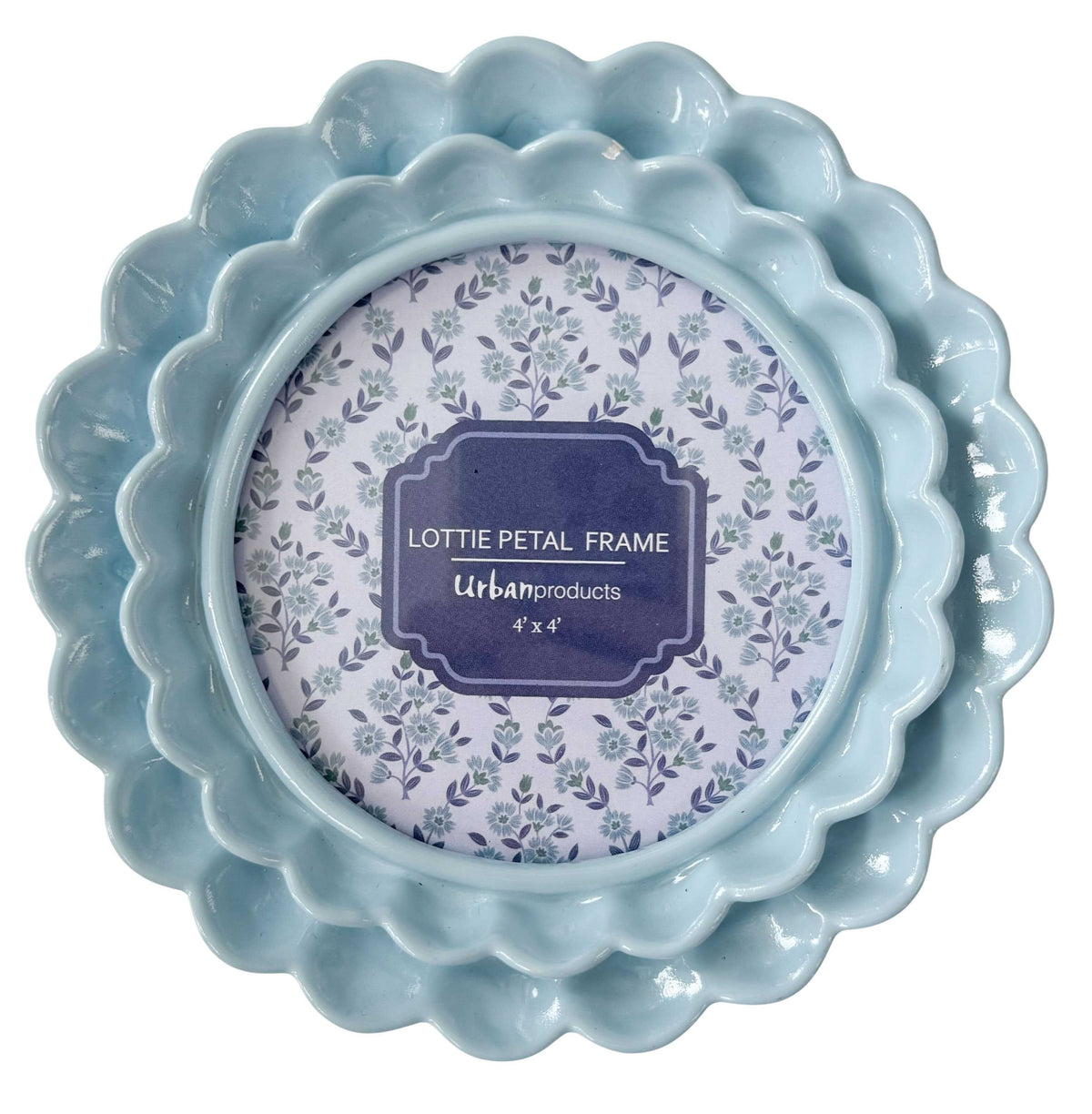 Urban Products Lotti Petal 4 x 4 Round Frame. Decorative blue frame with floral patterned label on a white background