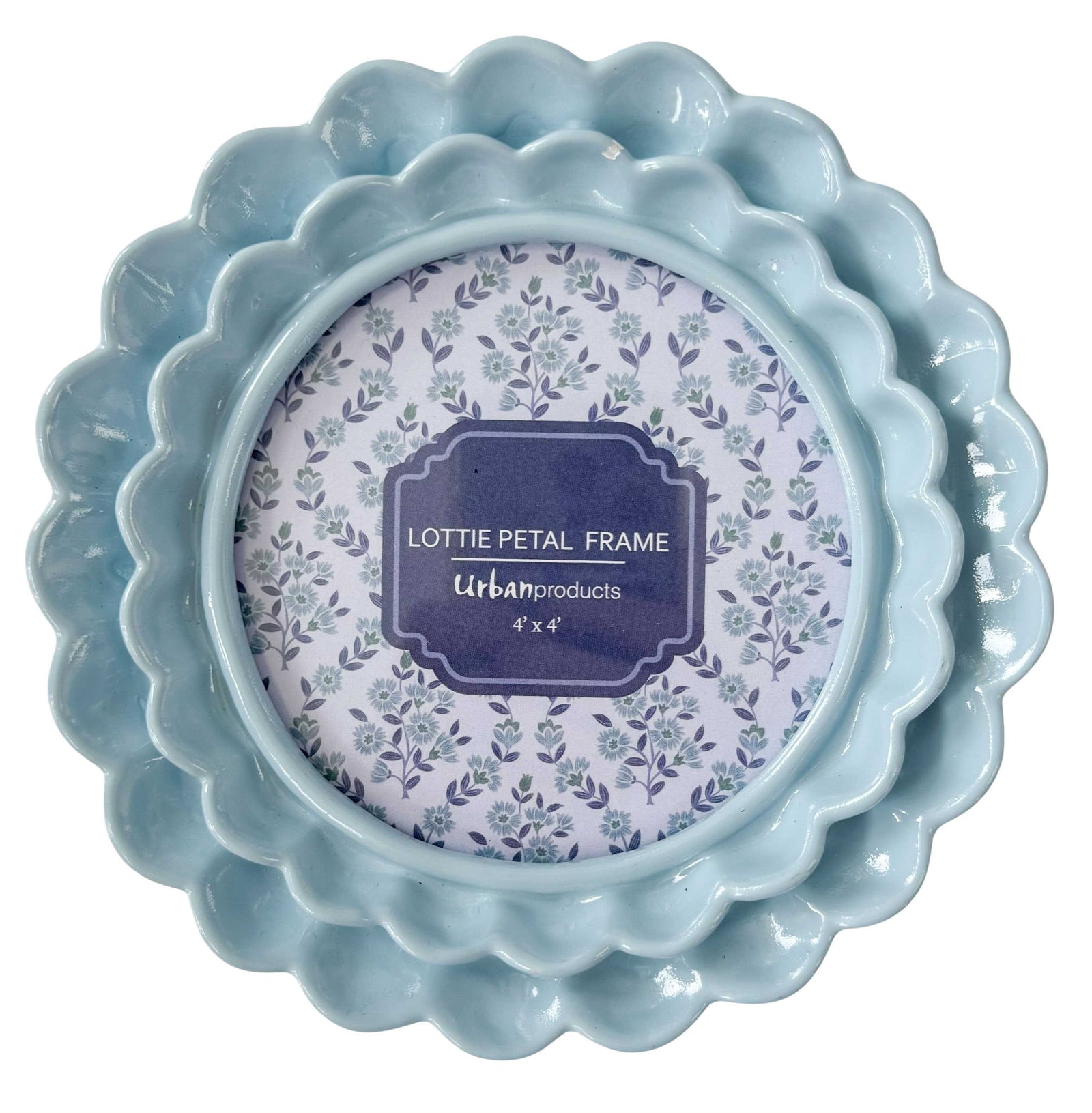 Urban Products Lotti Petal 4 x 4 Round Frame. Decorative blue frame with floral patterned label on a white background