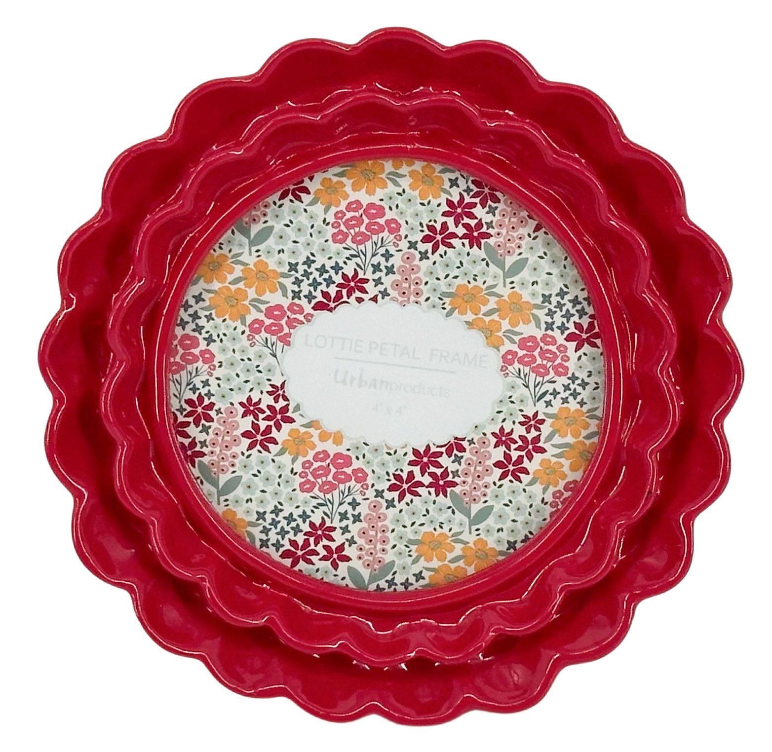 Urban Products Lotti Petal 4 x 4 Round Frame. Red scalloped-edge plate with floral patterned center on a white background