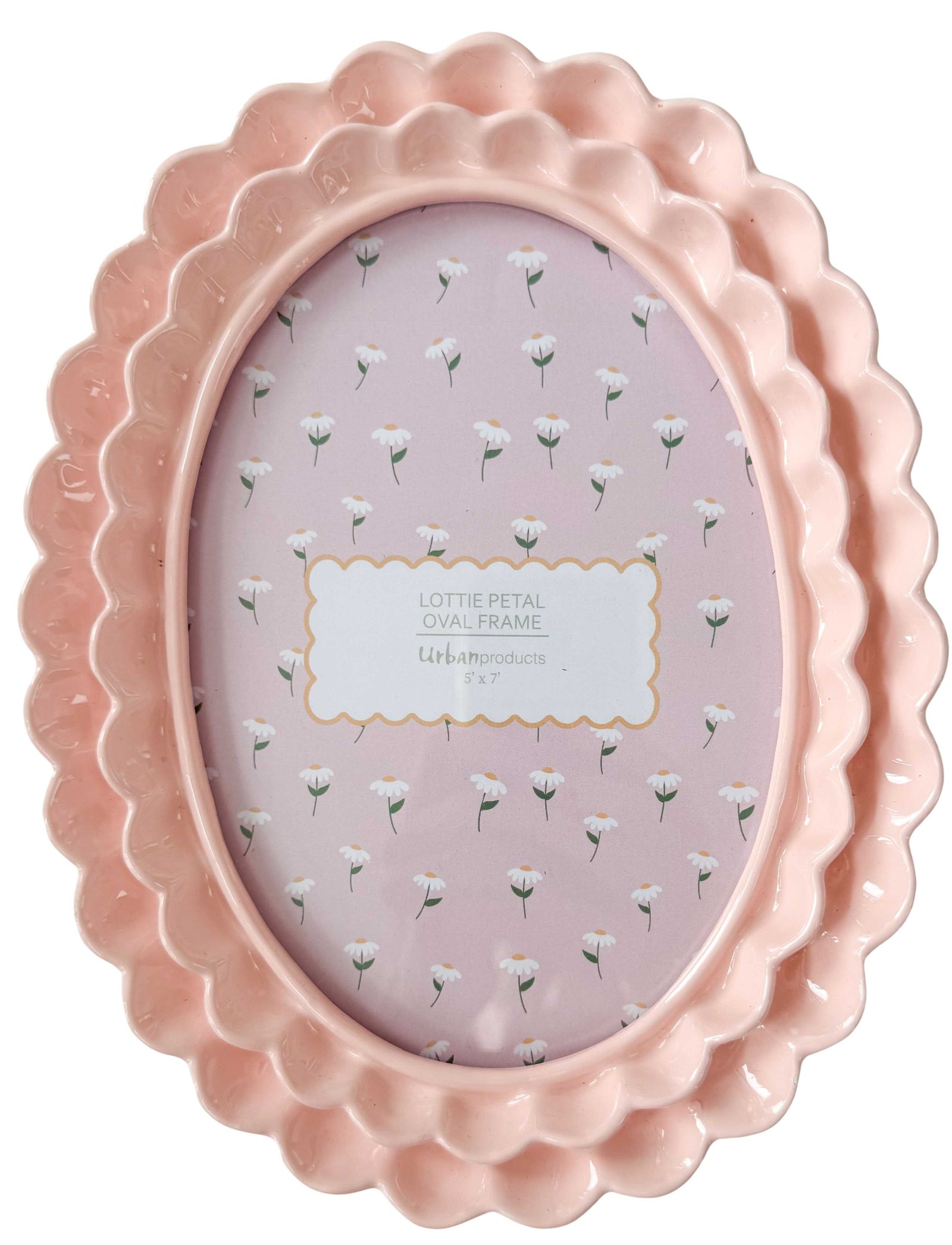 Urban Products Lotti Petal 5 x 7 Oval Photo Frame . Pink scalloped photo frame with floral design on a white background