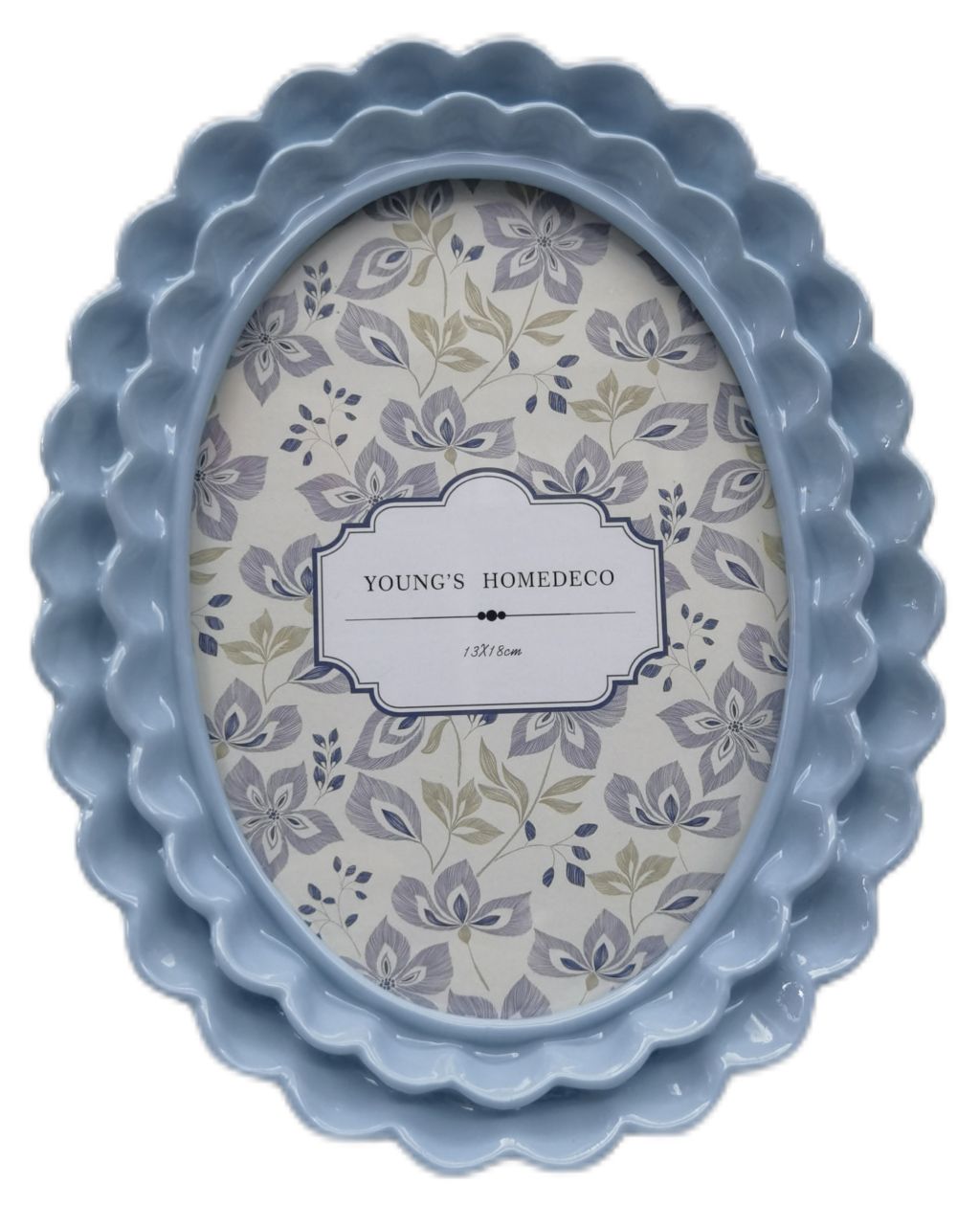 Urban Products Lottie Petal 5 x 7 Oval Fram. Decorative oval frame with floral pattern and &#39;YOUNG&#39;S HOMEDECO&#39; branding on a white background