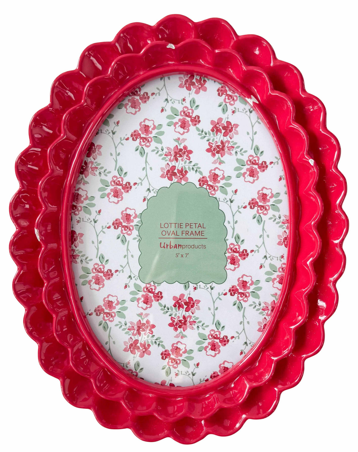 Urban Products Lottie Petal 5 x 7 Oval Frame . Red oval frame with floral design on a white background