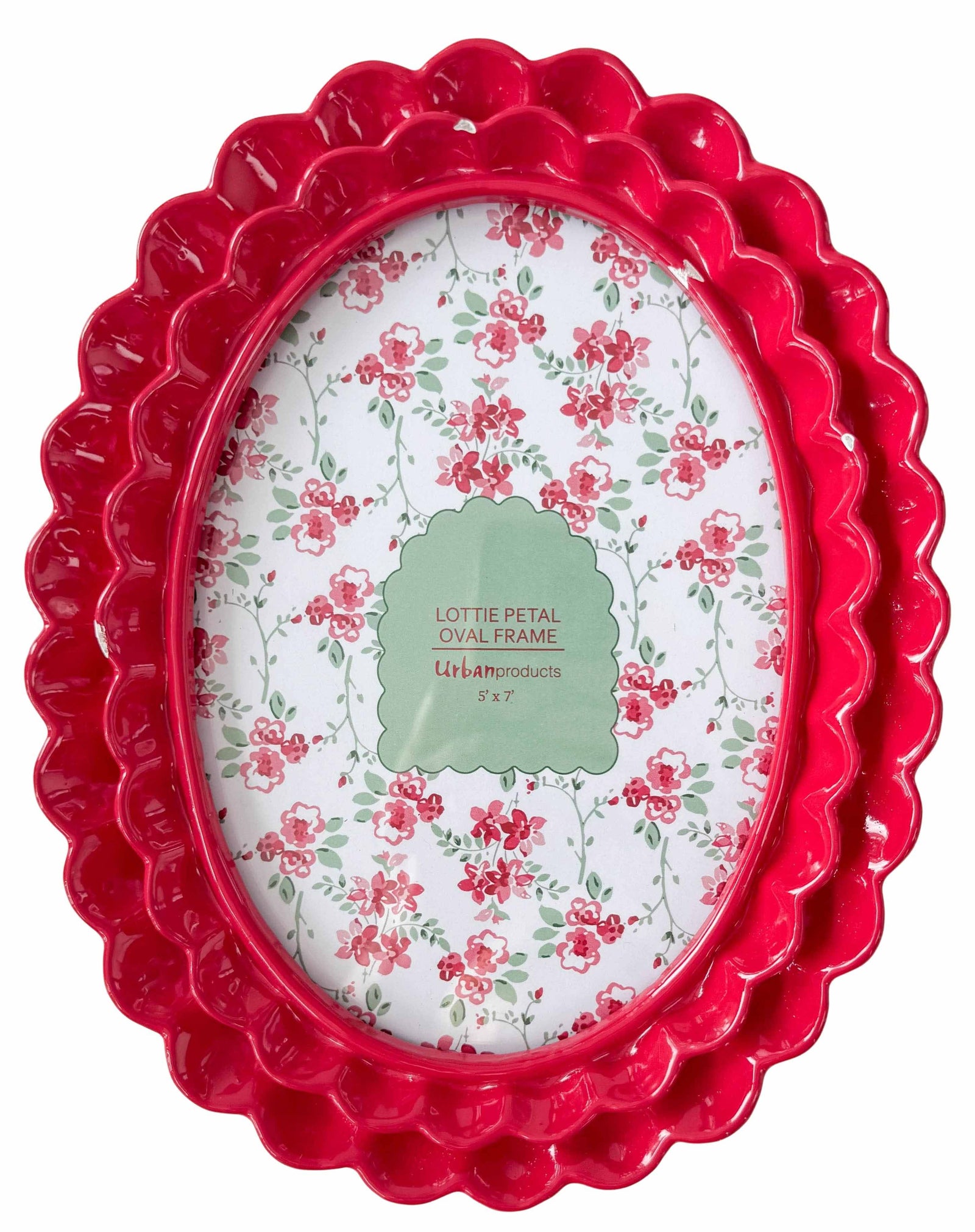 Urban Products Lottie Petal 5 x 7 Oval Frame . Red oval frame with floral design on a white background