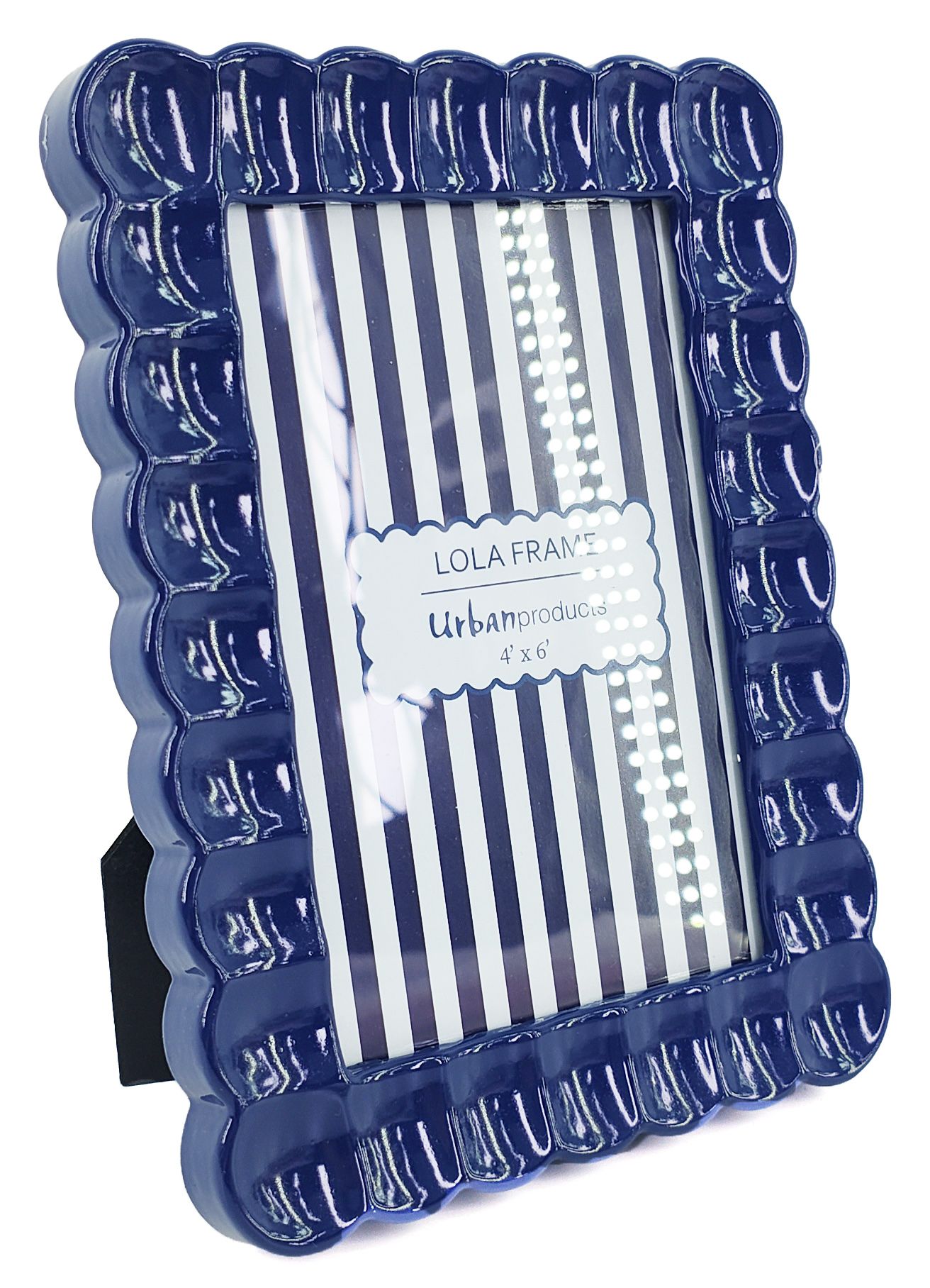A glossy navy blue picture frame with a scalloped, wavy border and a black stand, shown on a white background. The clear insert displays a sample photo with a 'LOLA FRAM' label.