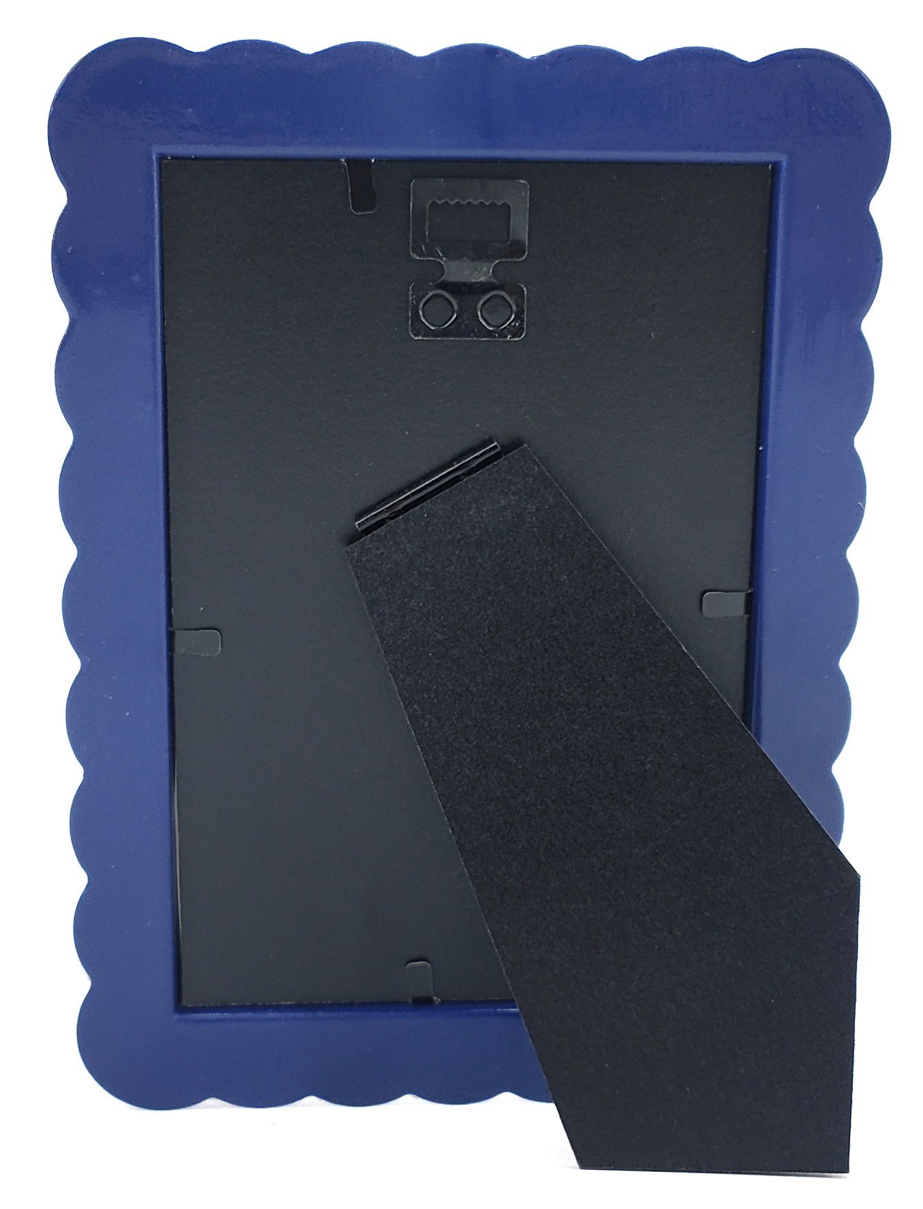 The back of a picture frame with a blue scalloped border and a black mounting panel, shown on a white background.