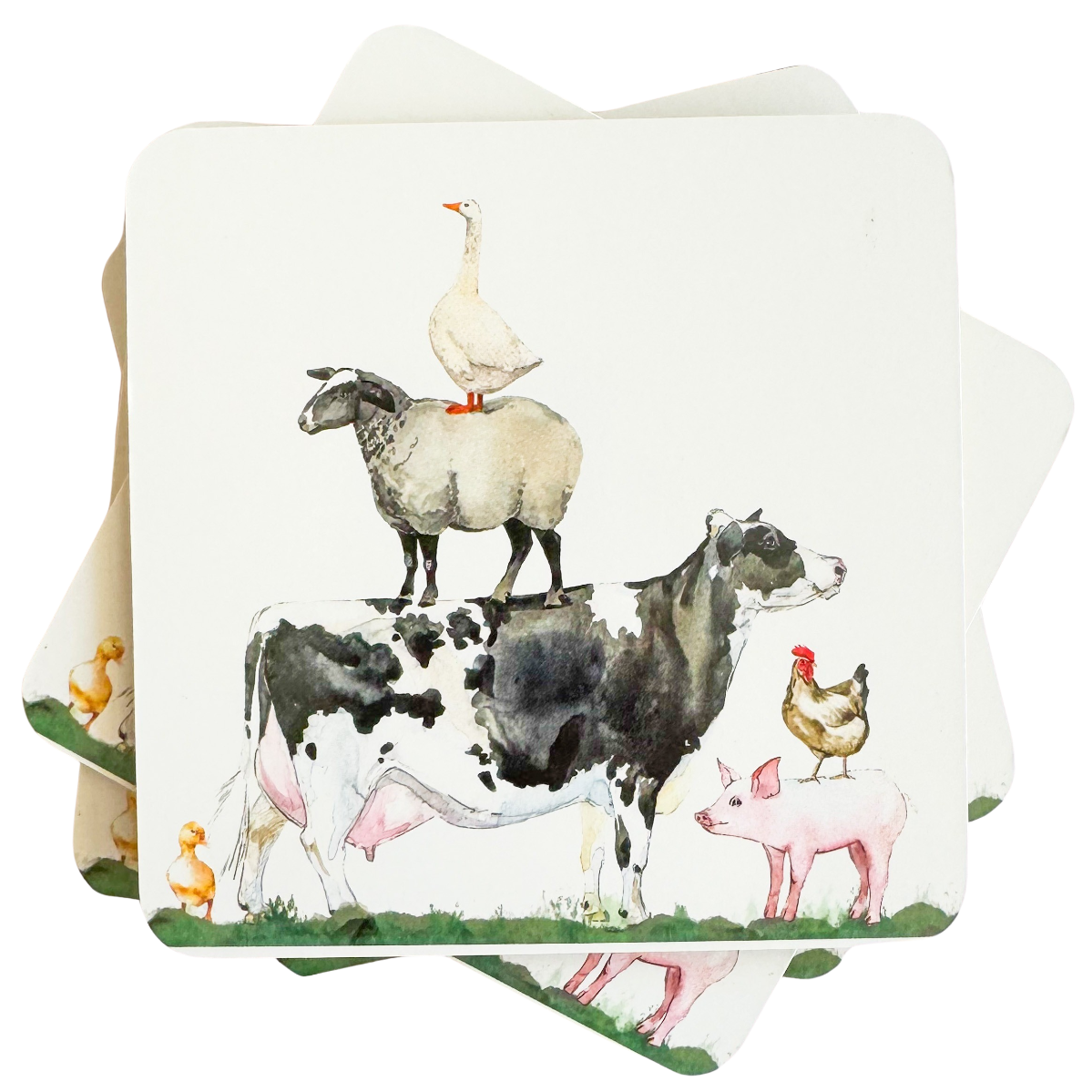 A stack of square white coasters featuring a watercolor illustration of farm animals, including a cow, sheep, goose, chicken, pig, and duck.
