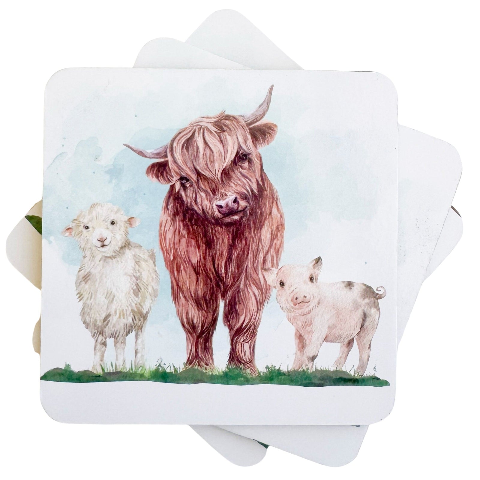 Urban Products Highland & Friends Cork & MDF Coaster Se. Set of coasters with a highland cow, sheep, and pig illustration on a white background