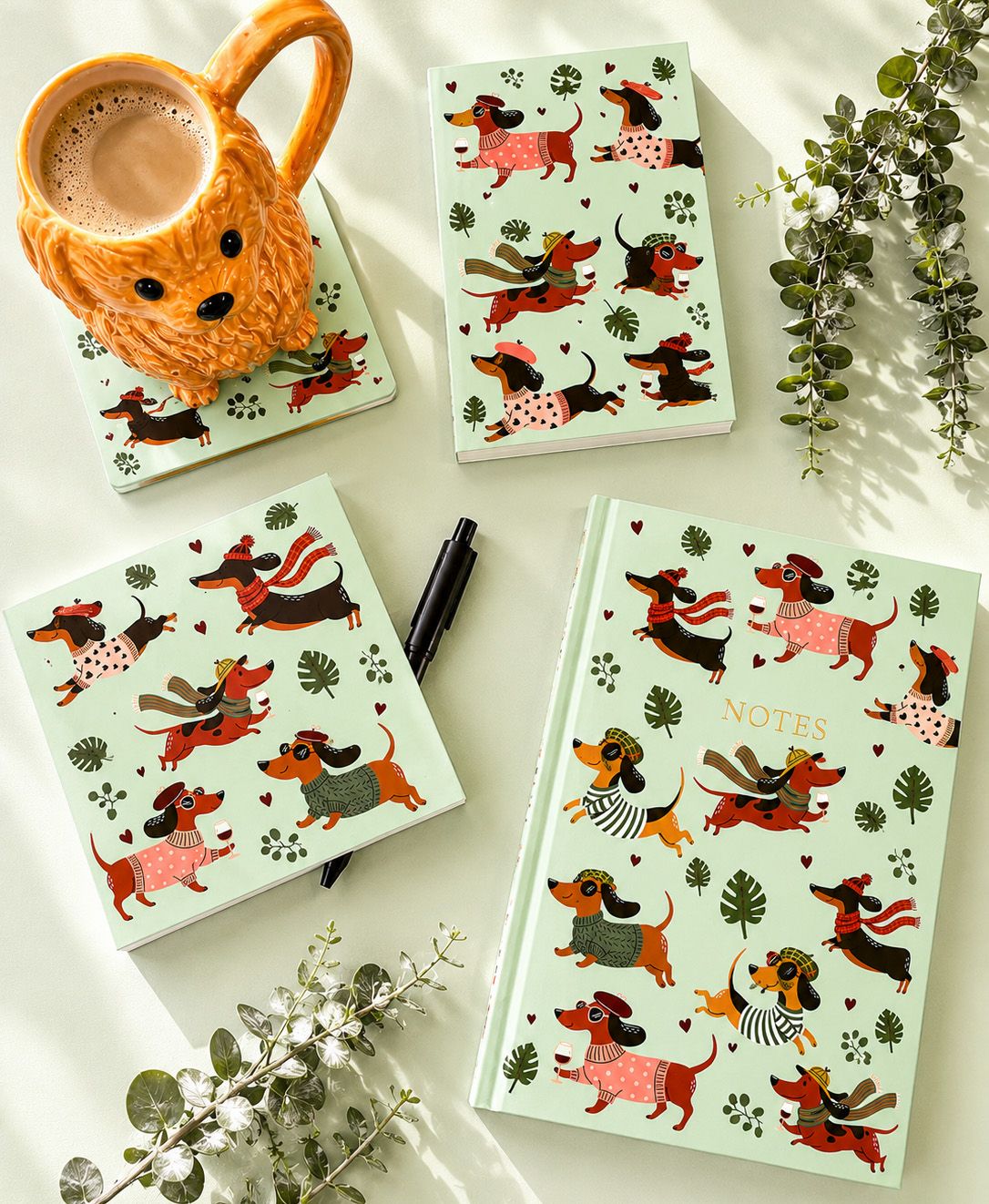 A mint green hardcover notebook with a whimsical illustration of dachshunds wearing winter clothing, scattered red hearts, and the word 'NOTES' printed in gold near the top center.