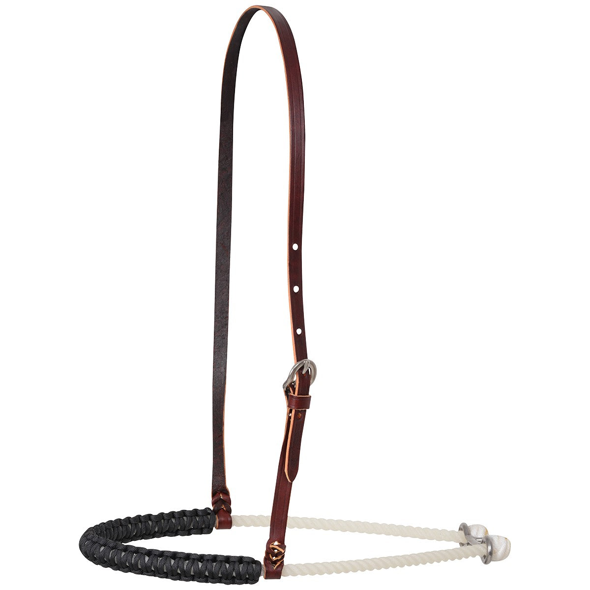 Martin Saddlery Single Rope Braided Noseband. Brown leather bridle with black and white reins on a white background