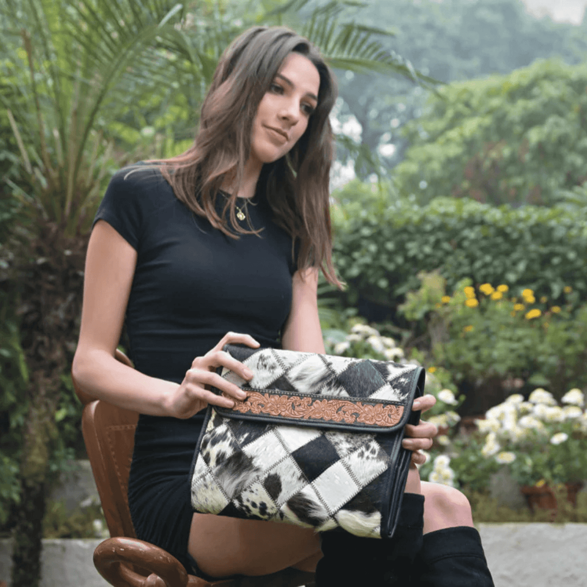 Women's Patchwork Cowhide and Tooling Leather Makeup Bag The Design Edge